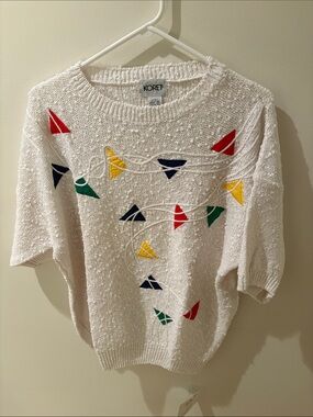 Koret Cream Knit Crewneck Sweater with Red, Yellow, Green & Blue Pennants